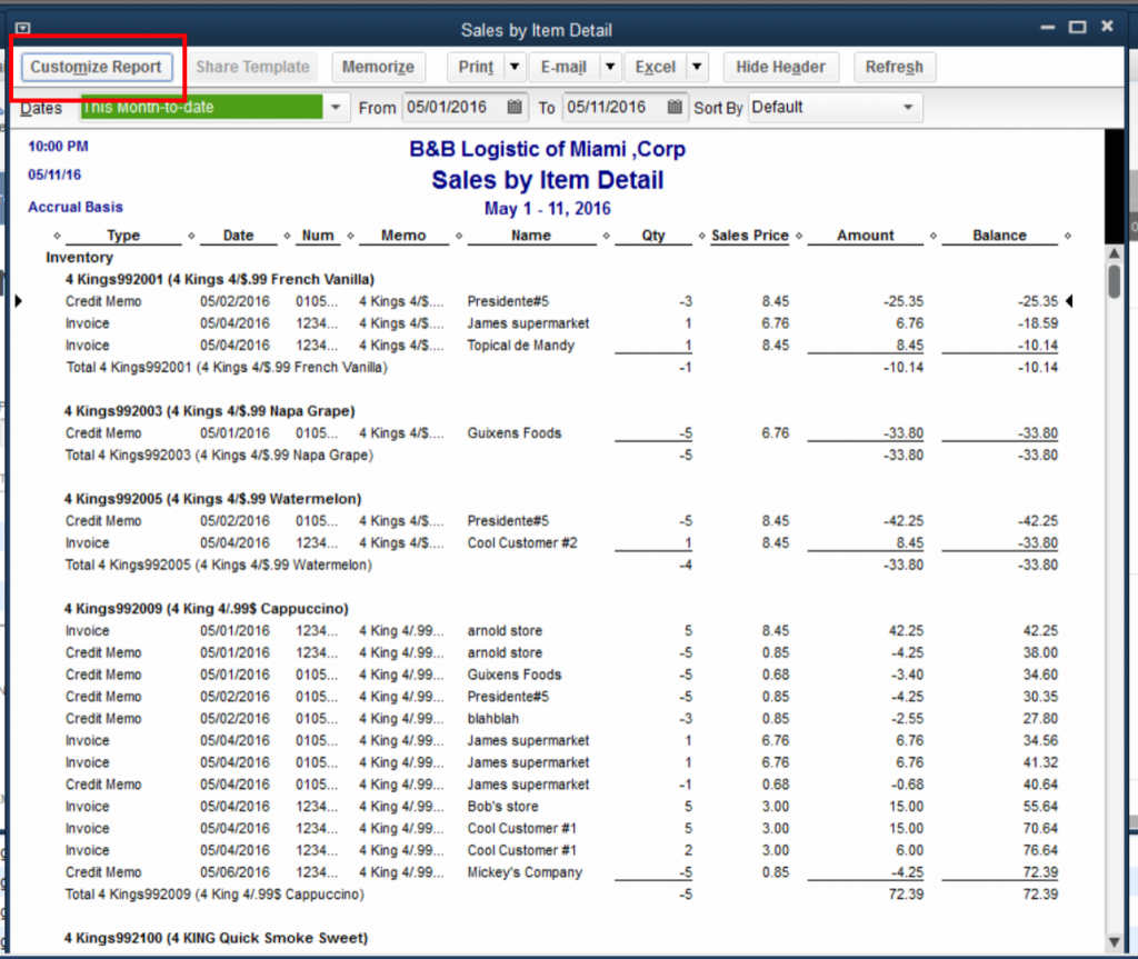 QuickBooks Lot Tracking 11 - Customize Report
